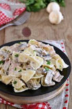 Farfalle con panna, prosciutto cotto e funghi