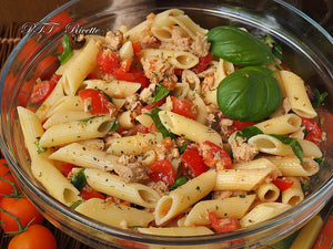 Pasta fredda pomodorini, tonno e olive, mais
